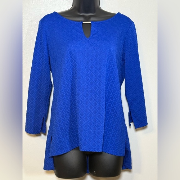 Dana Buchman Tops - Dana Buchman Royal Blue Textured Keyhole Tunic Blouse Size M High Low Office